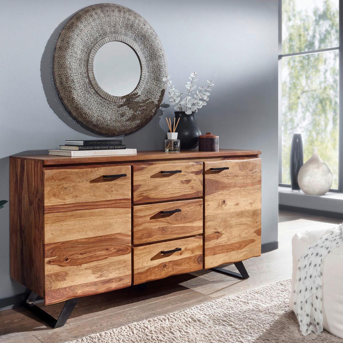 Sideboard 145 cm Sheesham, Sheeshamfarben - Sheeshamfarben/Schwarz, Design, Holz (145/82/45cm) - MID.YOU