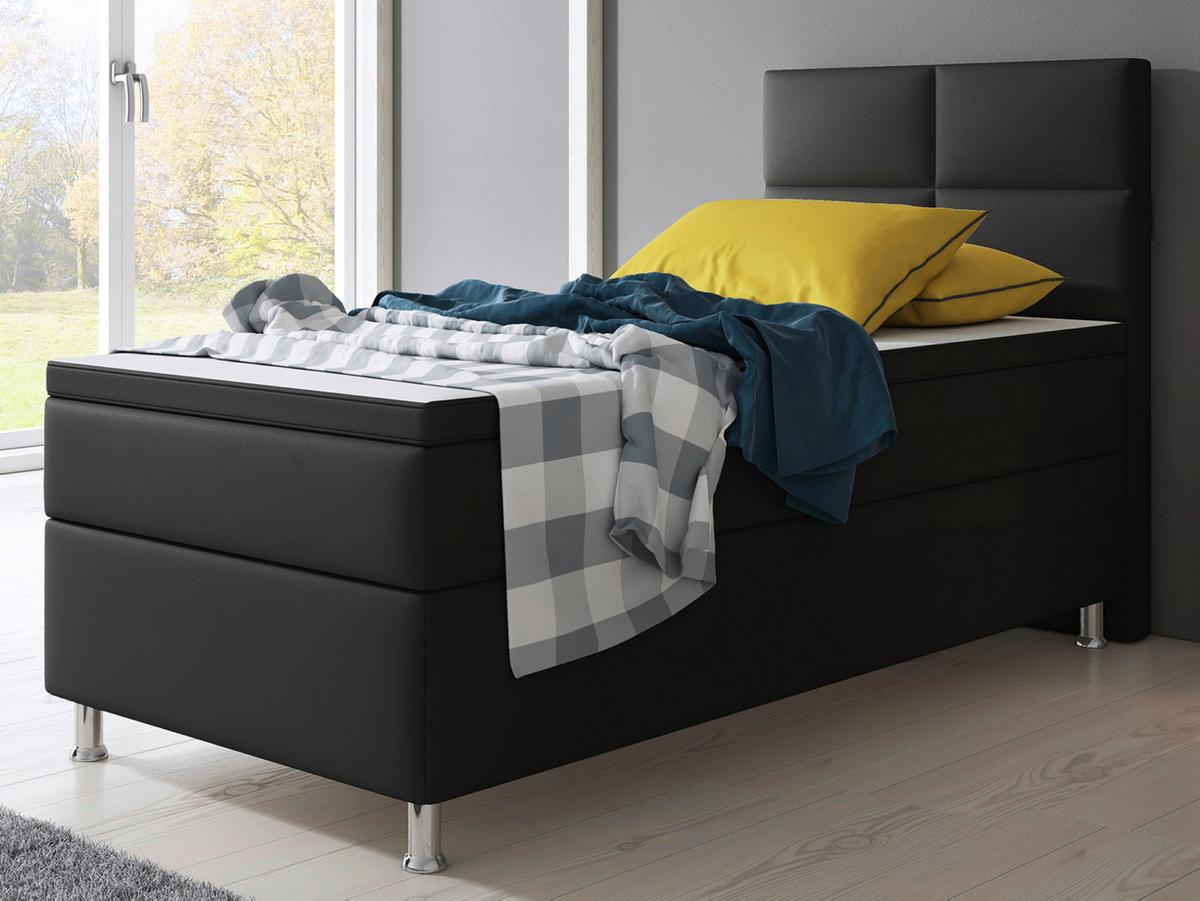 Boxspringbett mit Topper Lederlook 90x210 Miami - Silberfarben/Schwarz, KONVENTIONELL, Leder/Textil (90/115/210cm) - MID.YOU
