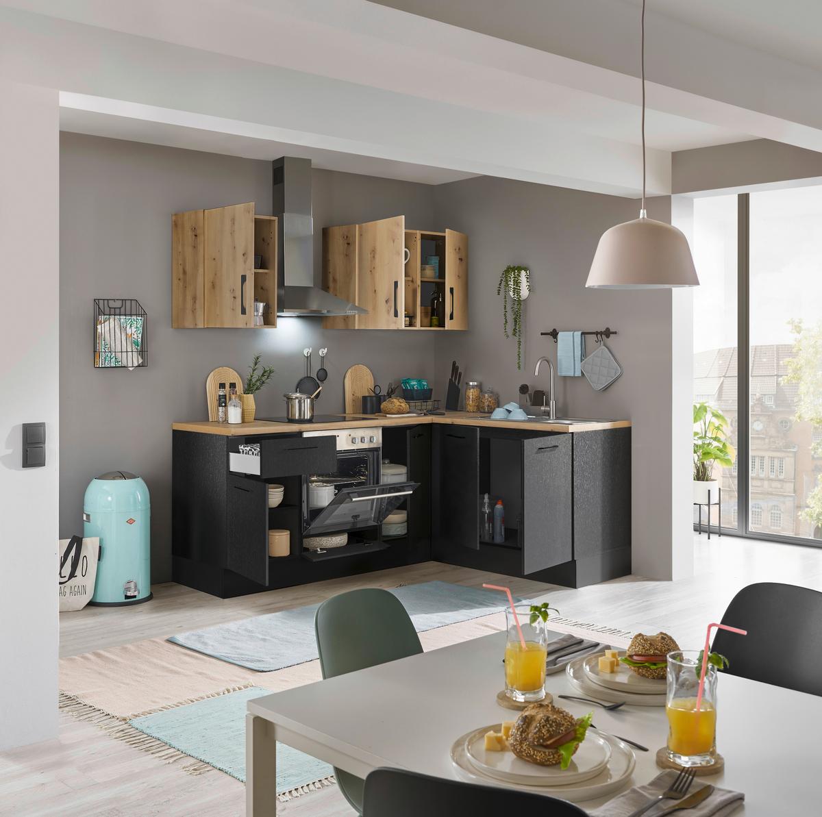 Eckküche Turin Schwarz/Eiche Dekor 210x165 cm - Schwarz/Eiche Artisan, Basics, Holzwerkstoff (210/165cm) - MID.YOU