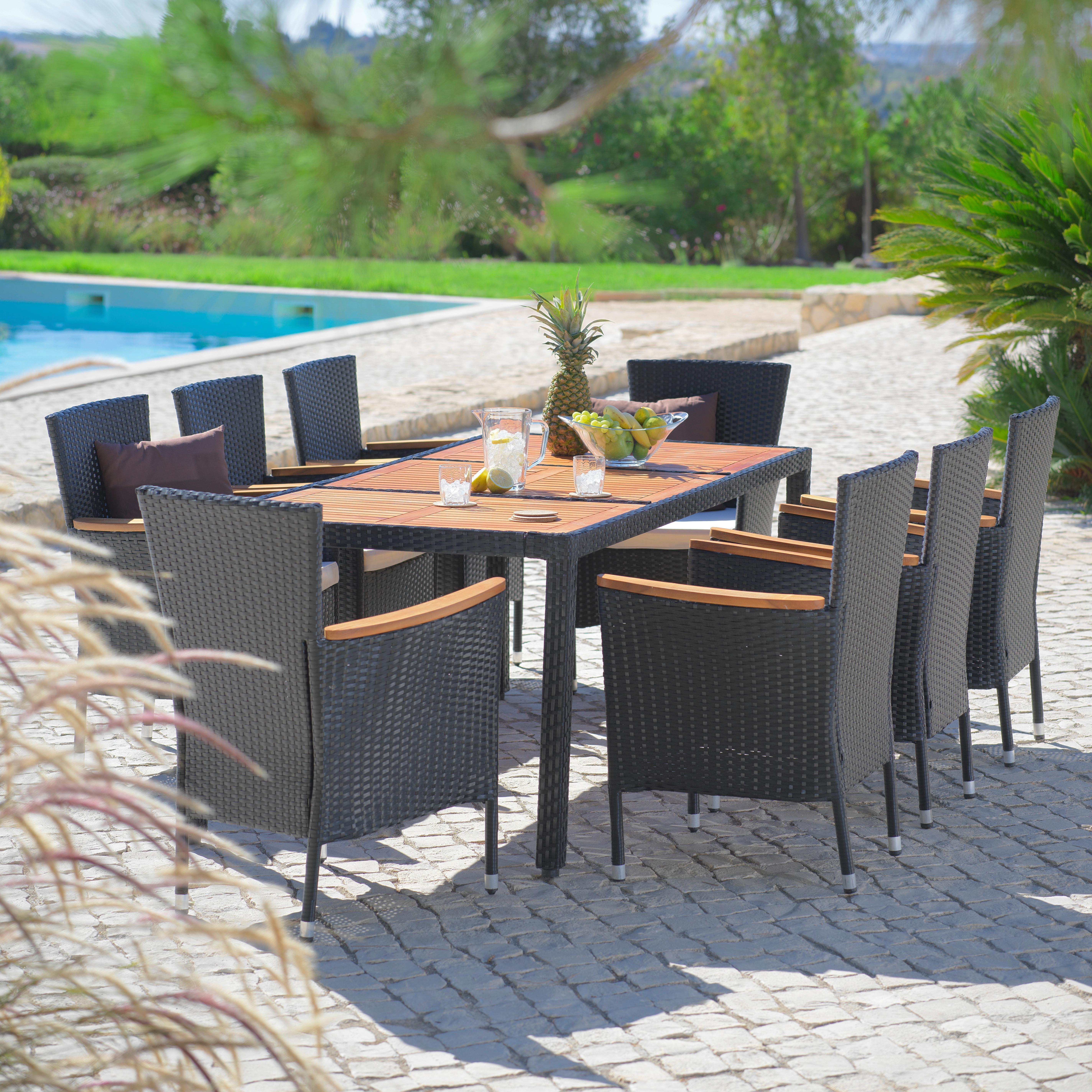 Gartengarnitur 9-tlg Moa Polyrattan U. Holz Mit Kissen - Beige/Schwarz, MODERN, Holz/Kunststoff - James Wood