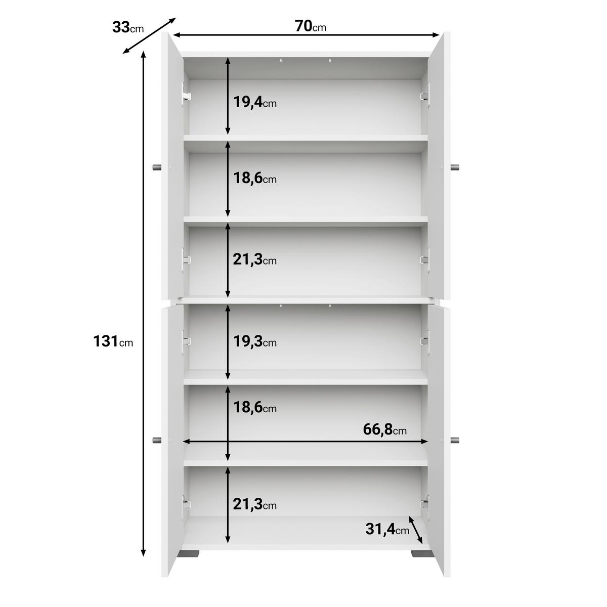 Schuhschrank Dino 020 Weiß B: 70 cm - Schwarz/Weiß, Basics, Holzwerkstoff (70/131/33cm) - P & B