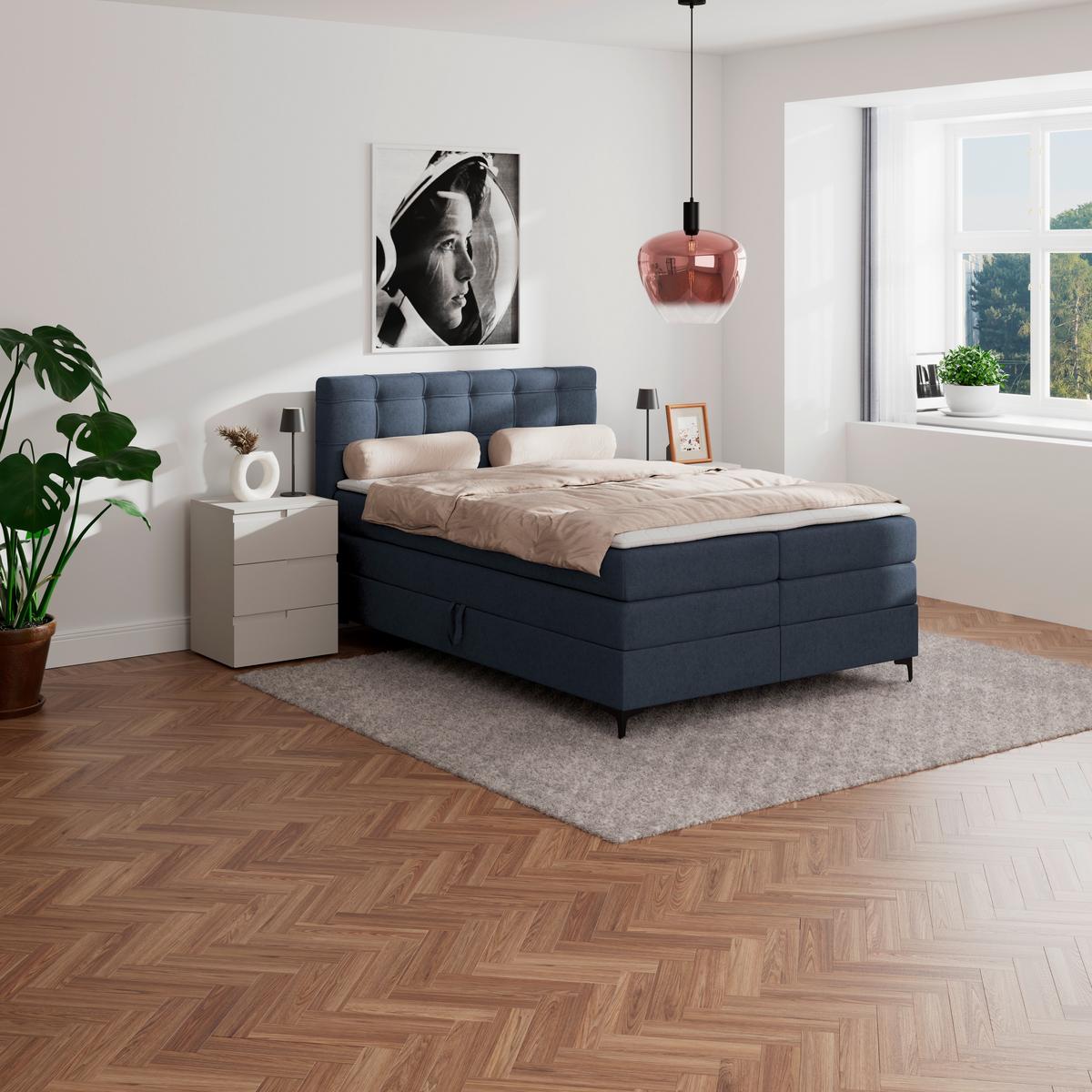 Boxspringbett MITTO Dunkelblau 140x200 cm - Schwarz/Dunkelblau, KONVENTIONELL, Textil/Metall (140/200cm)
