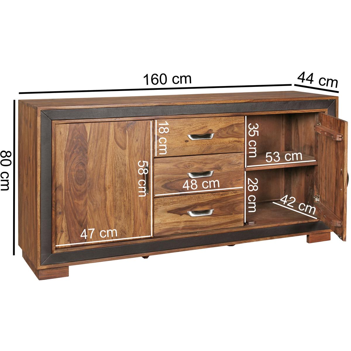 Sideboard 160 cm Sheesham, Sheeshamfarben - Sheeshamfarben/Schwarz, Design, Holz/Textil (160/80/44cm) - MID.YOU