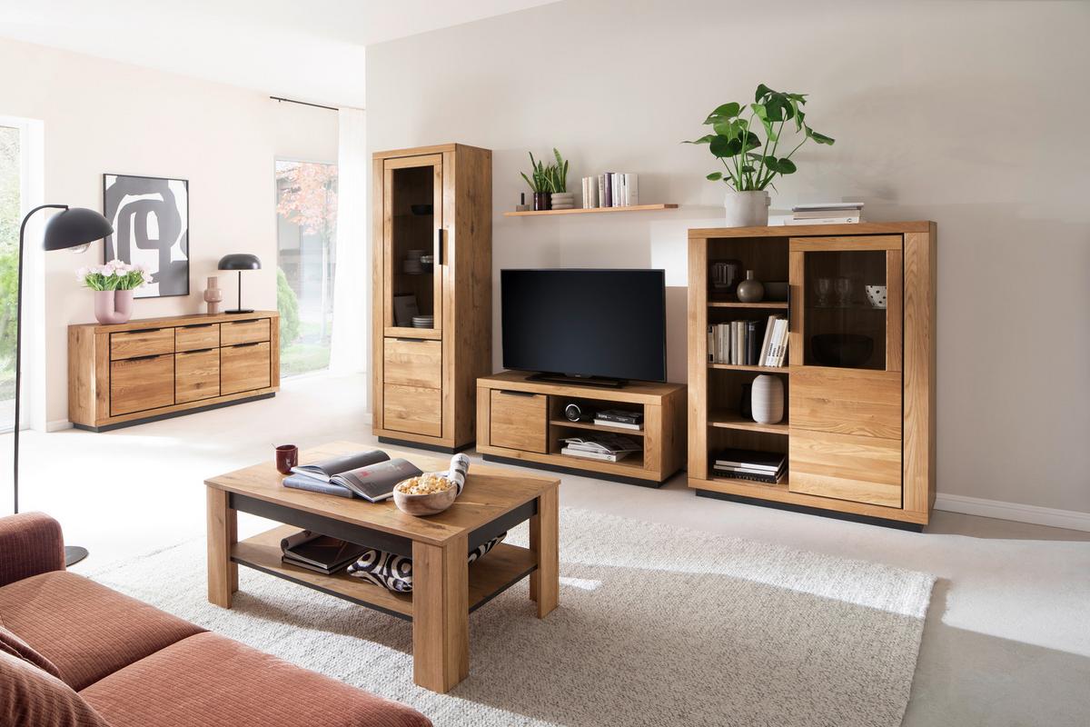 Wohnwand Wildeiche, B: 346 cm - Wildeiche/Schwarz, Design, Glas/Holz (346/200/54cm) - MID.YOU