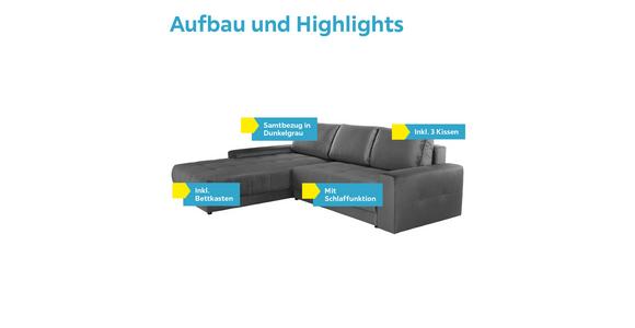 Ecksofa mit Schlaffunktion + Bettkasten Adria, Samt - Dunkelgrau, MODERN, Textil (213/308cm) - Luca Bessoni