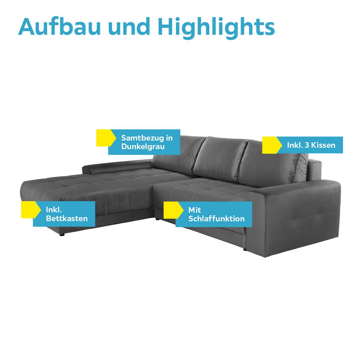 Ecksofa Mit Schlaffunktion + Bettkasten Adria Dunkelgrau - Dunkelgrau, MODERN, Textil (213/308cm) - Luca Bessoni