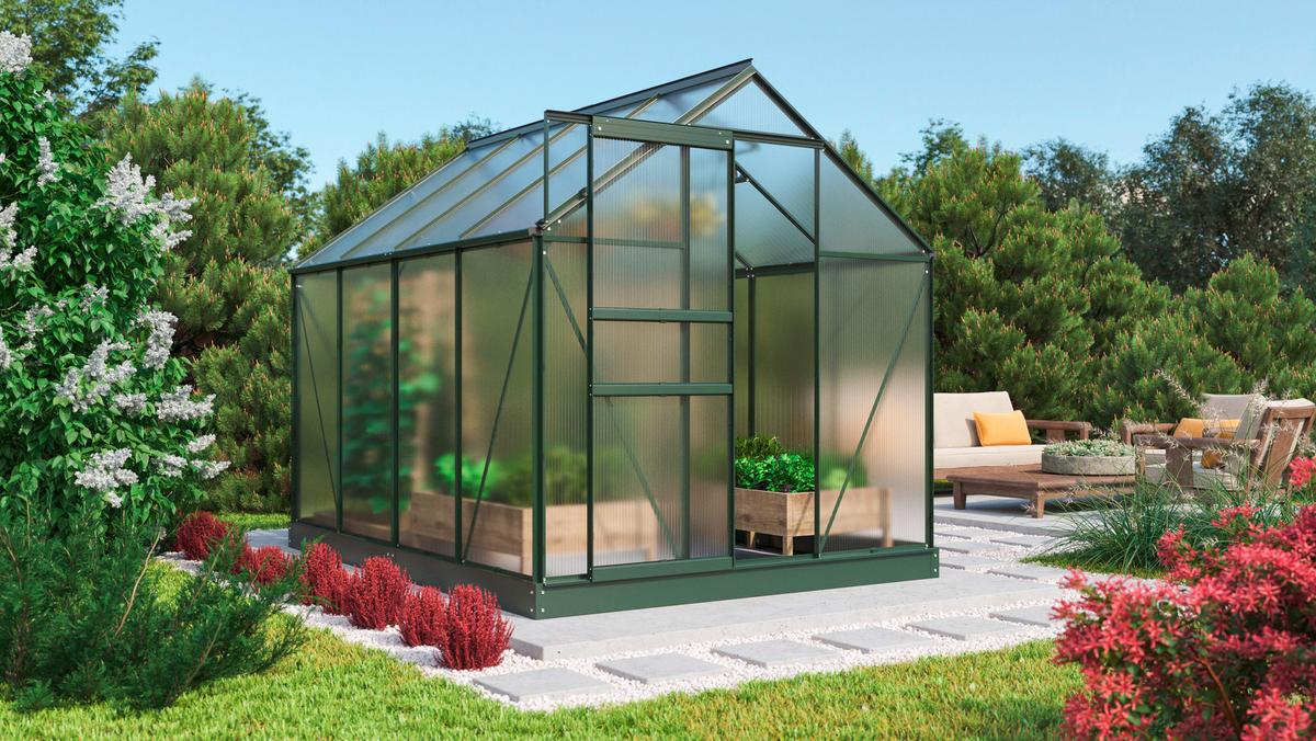 Gewächshaus mit Satteldach und Aluminiumrahmen in Smaragdgrün