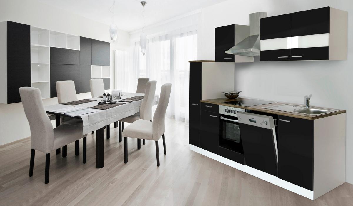 Küchenzeile Economy mit Geräten 250 cm Schwarz/Nussbaum Dekor - Nussbaumfarben/Schwarz, Basics, Holzwerkstoff (250cm) - Respekta