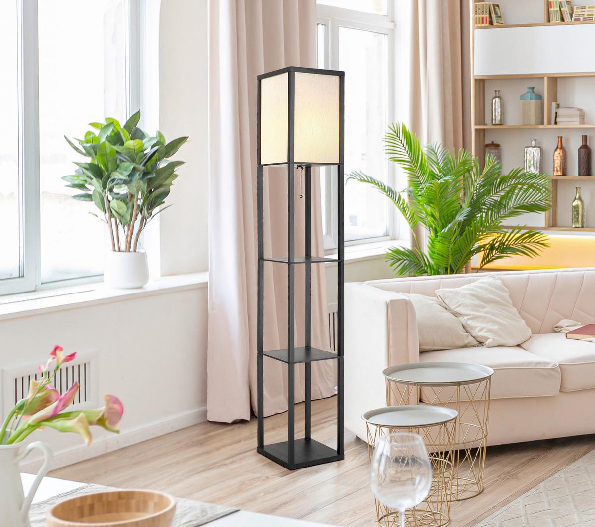 STEHLEUCHTE Exkl. 1xE27, 60W - Schwarz/Naturfarben, Design, Holz/Textil (26/26/159cm) - Globo