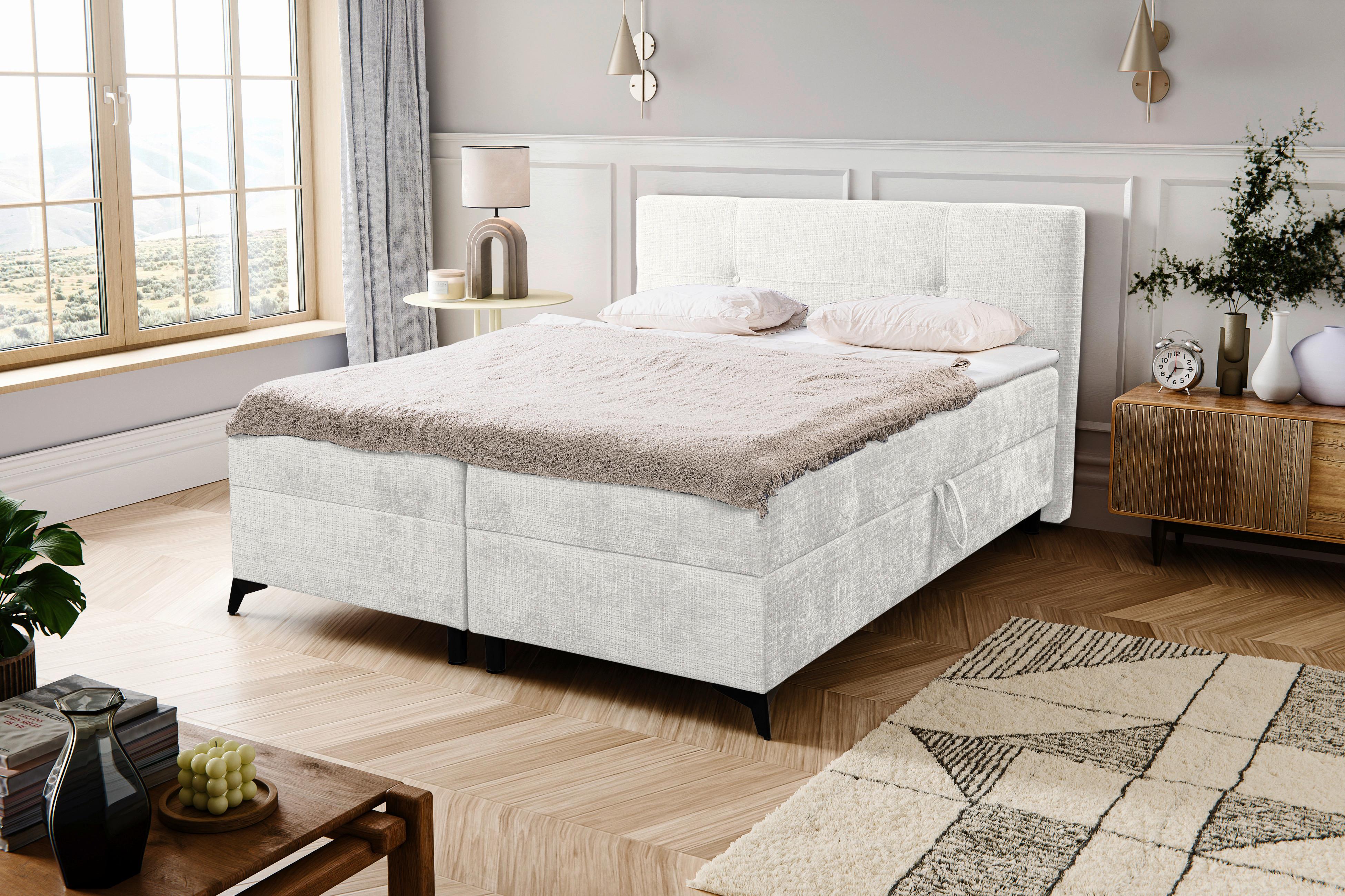 Boxbett mit Bettkasten Haga Creme 180x200 cm - Creme/Schwarz, MODERN, Holz/Kunststoff (180/200cm) - MID.YOU