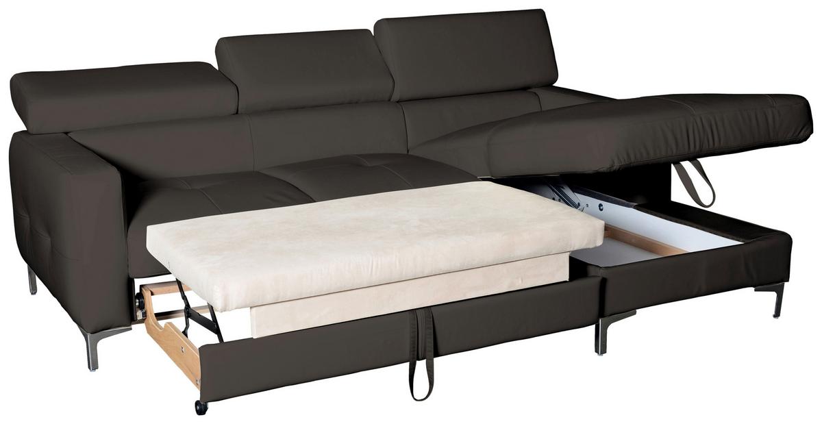 Ecksofa Mit Schlaffunktion Sammy Dunkelbraun Leder - Chromfarben/Dunkelbraun, Design, Leder (227/168cm) - Livetastic