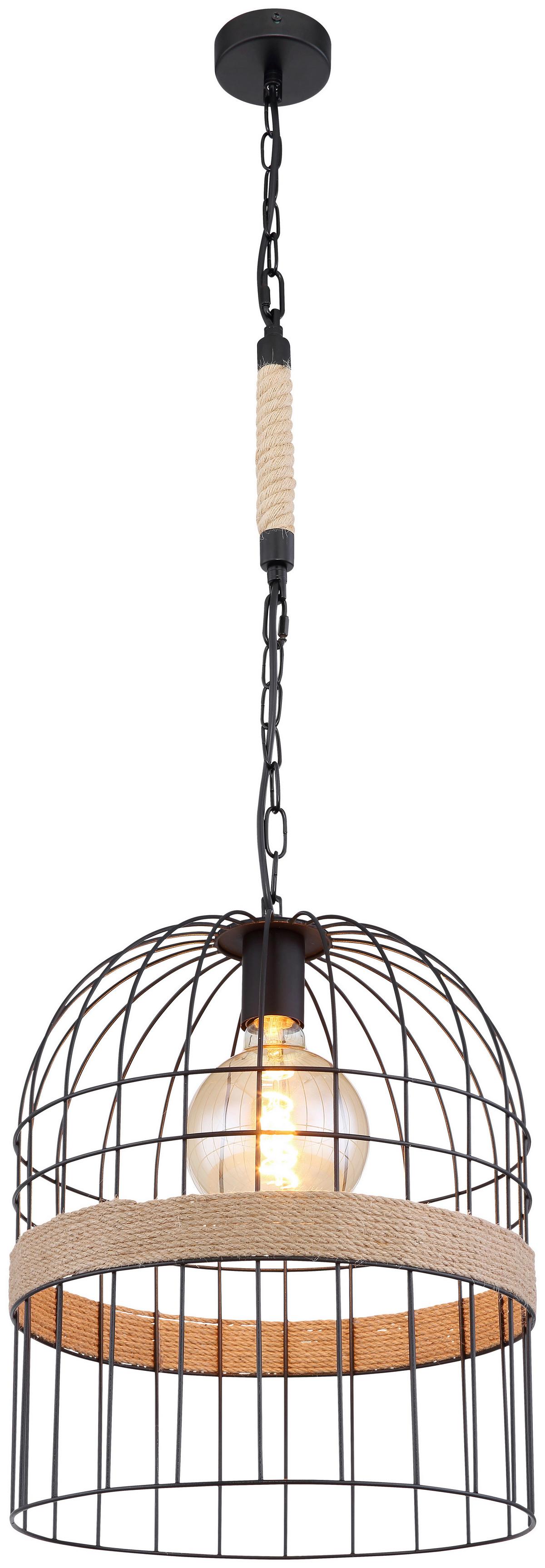 Hängeleuchte Halia H: 140 Cm 1-Flammig, Metallkäfig - Schwarz/Braun, Natur, Naturmaterialien/Metall (35/140cm) - Globo
