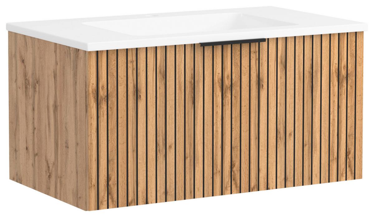 Waschbecken mit Unterschrank Chester B: 80 cm - Eiche Wotan/Schwarz, MODERN, Holzwerkstoff/Stein (80cm) - Held