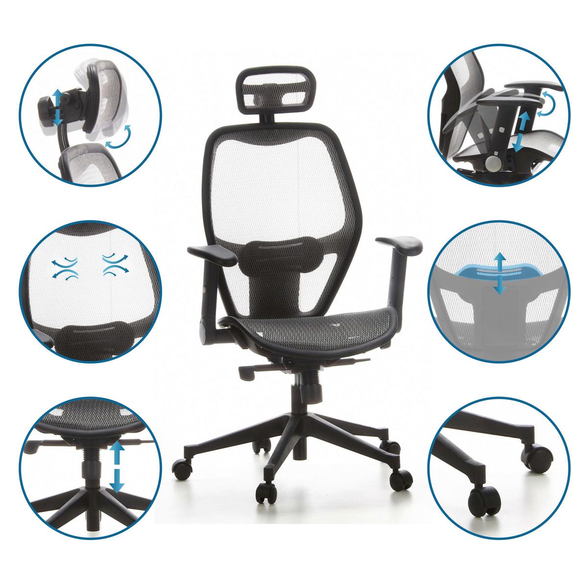 Bürostuhl Air-Port Mit Armstützen Grau/Schwarz - Schwarz/Grau, Basics, Kunststoff/Textil (59/117/48cm) - MID.YOU