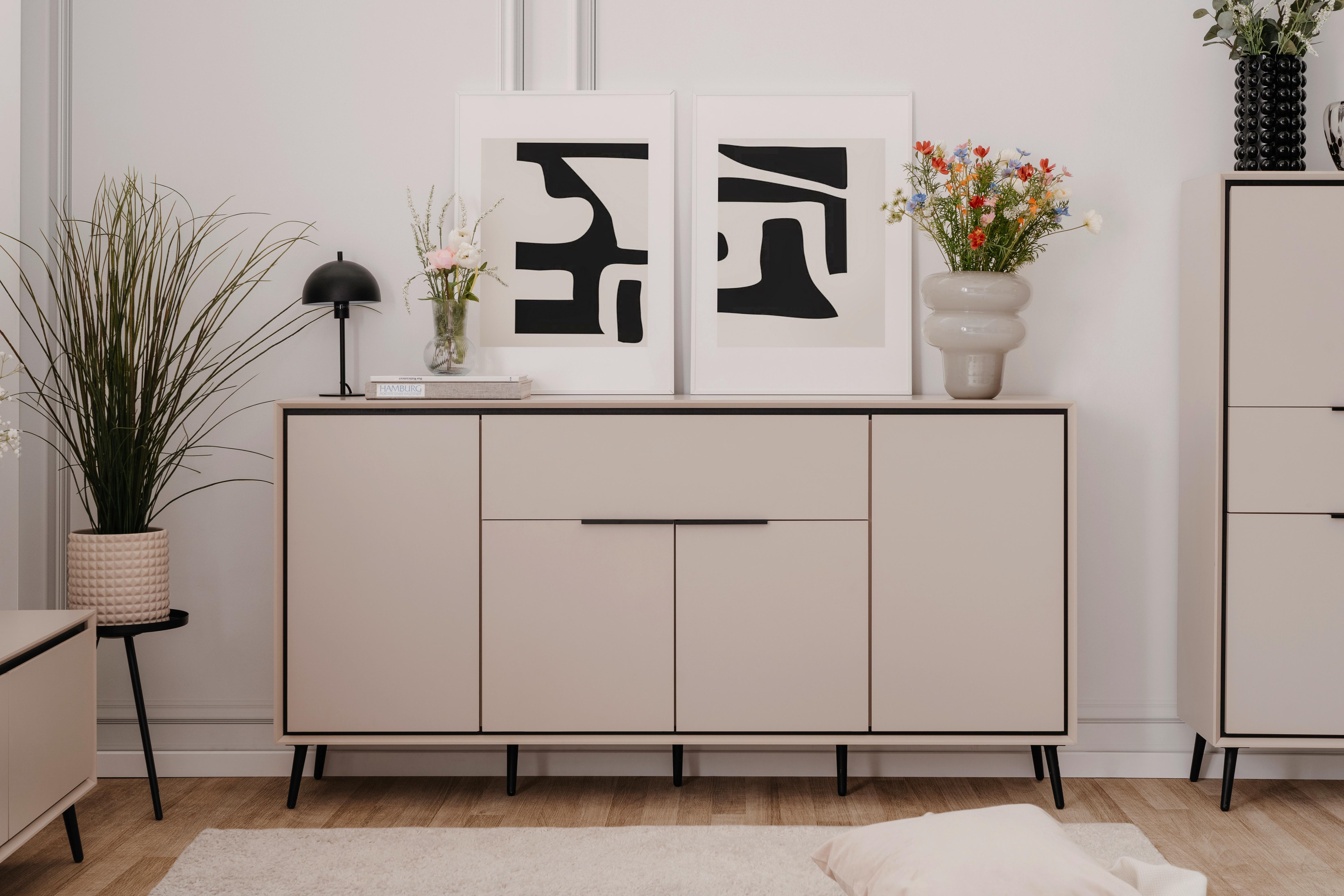 Sideboard Arona - Sandfarben/Schwarz, KONVENTIONELL, Holzwerkstoff (175/90/38cm) - Livetastic