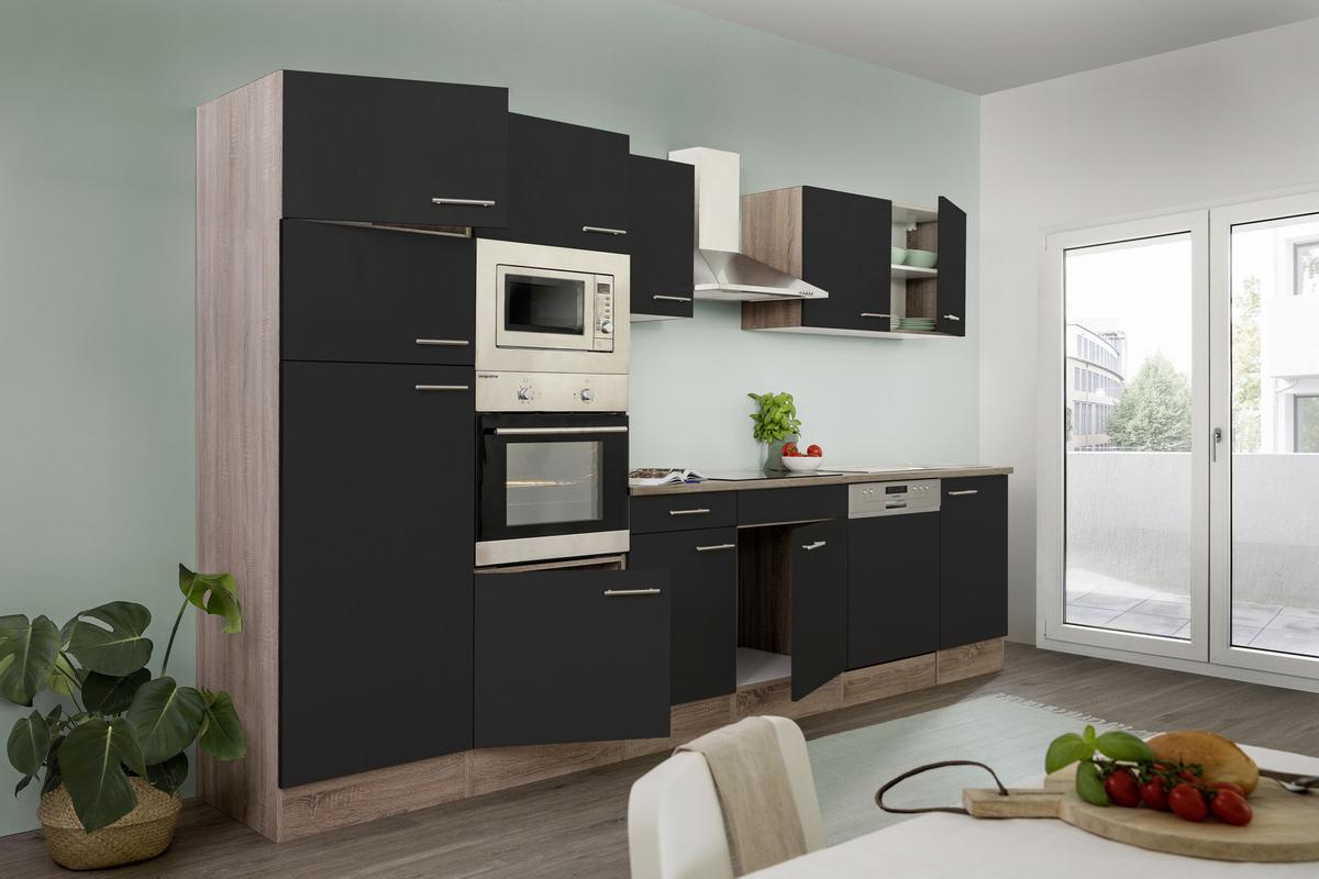 Küchenzeile mit Geräten B: 340 cm Schwarz/Eiche Dekor - Eichefarben/Schwarz, Design, Holzwerkstoff (340cm) - Respekta