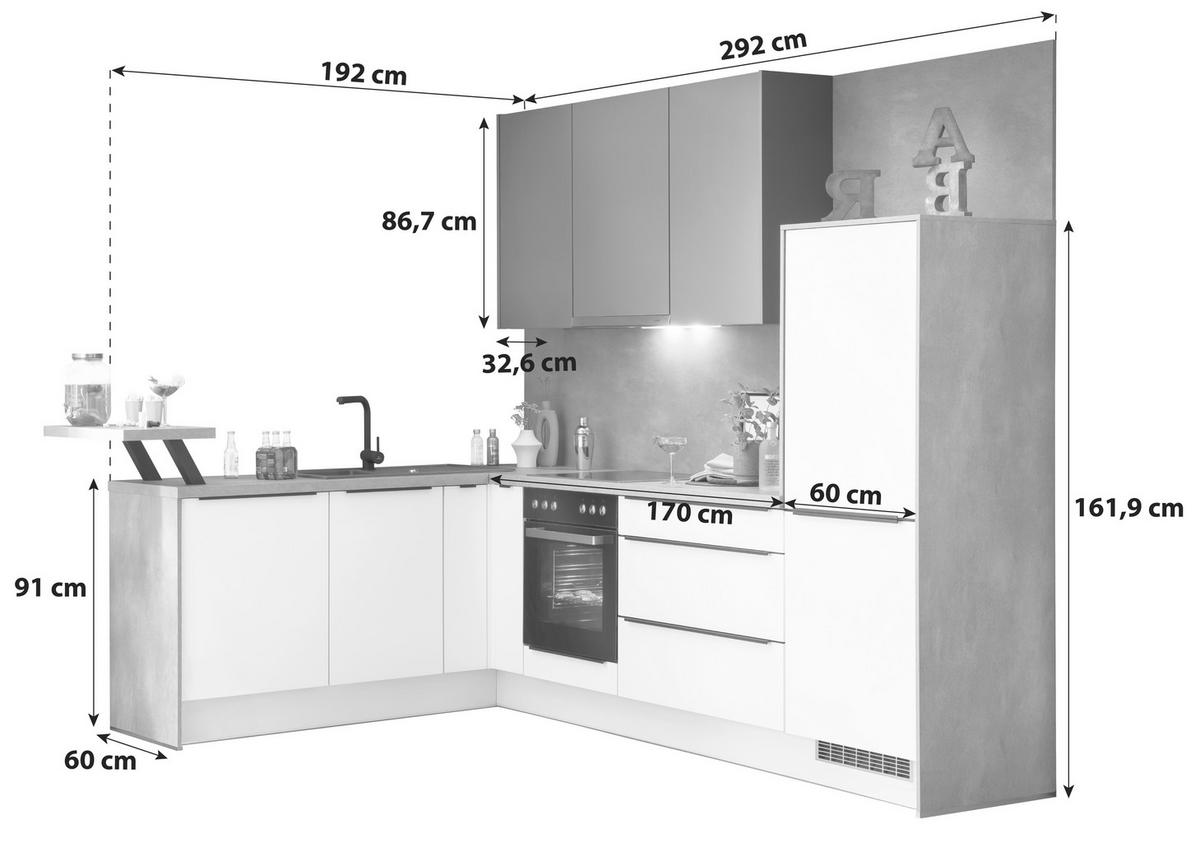 Eckküche Ip1200 ohne Geräte 292x192 cm Schwarz/Space Grey - Weiß, MODERN, Holzwerkstoff (292/192cm) - Impuls