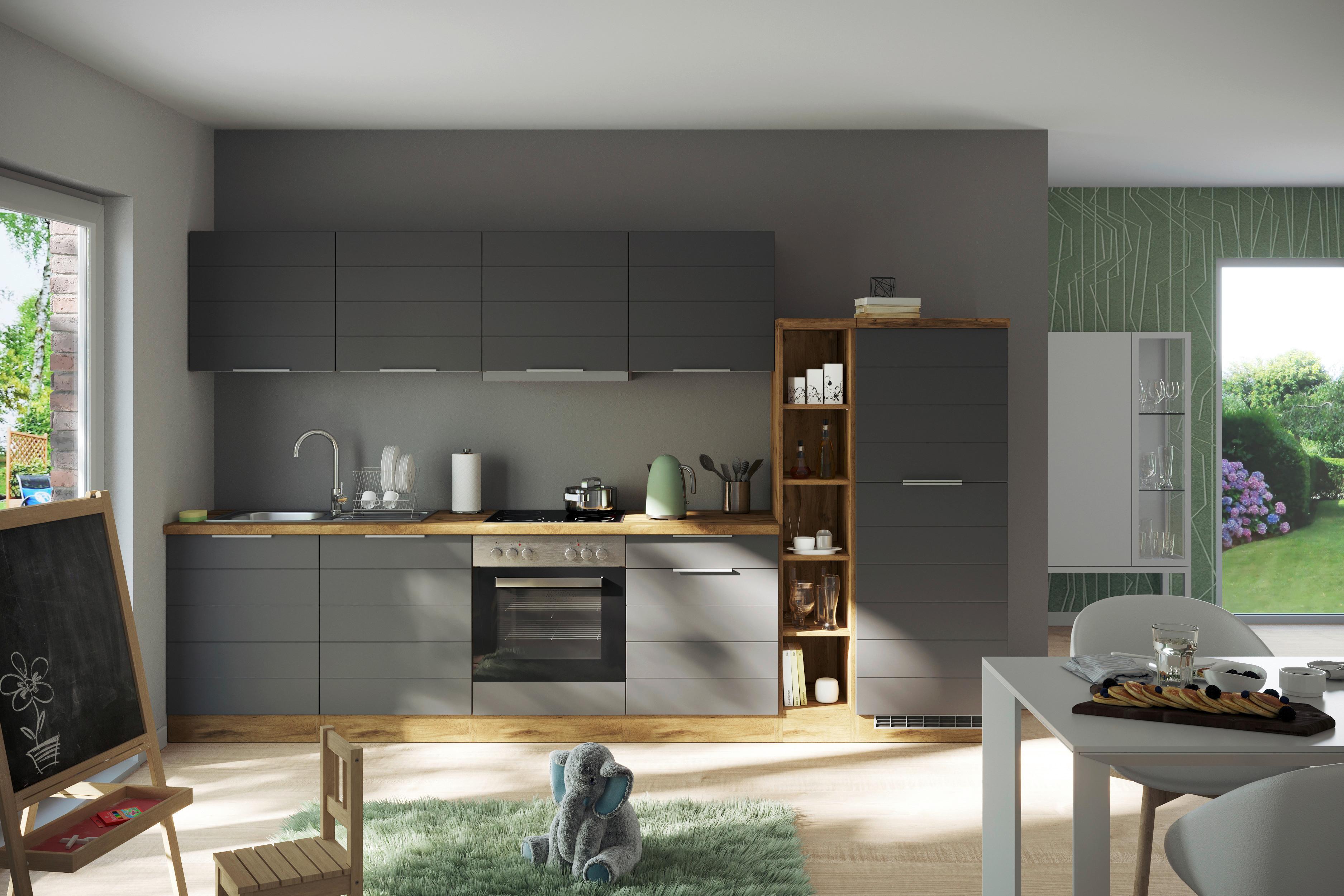 Küchenzeile Florenz ohne Geräte 330 cm Grau/Eichefarben - Eiche Wotan/Grau, Design, Holzwerkstoff (330cm) - Held