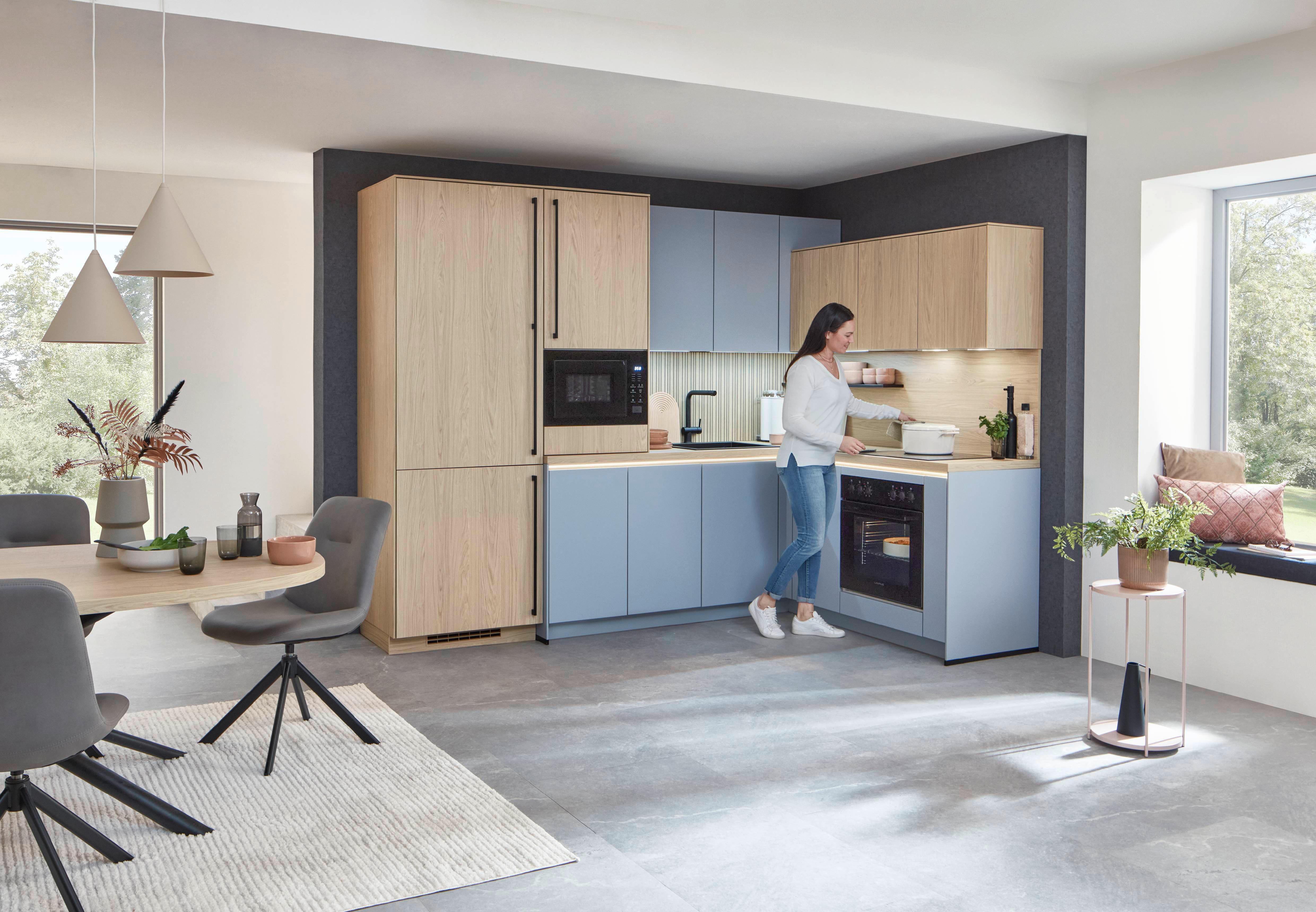 Eckküche Sidney/Singapur - Sandfarben/Blau, Basics, Holzwerkstoff (288/185cm) - Vertico