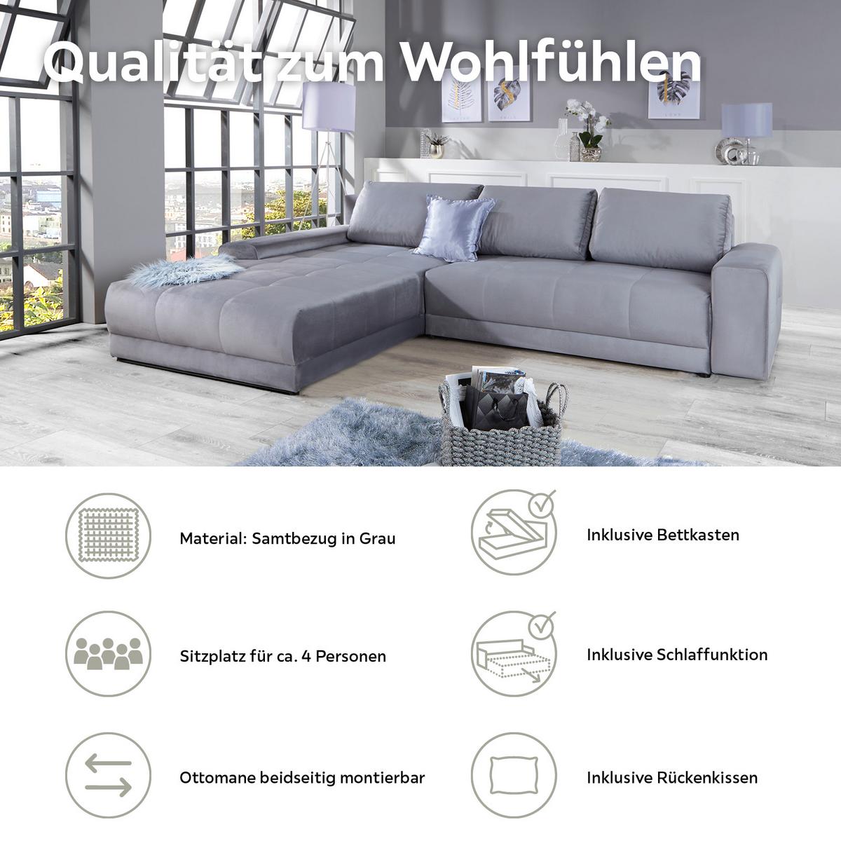 Ecksofa mit Schlaffunktion + Bettkasten Adria Grau - Grau, MODERN, Textil (213/308cm) - Luca Bessoni