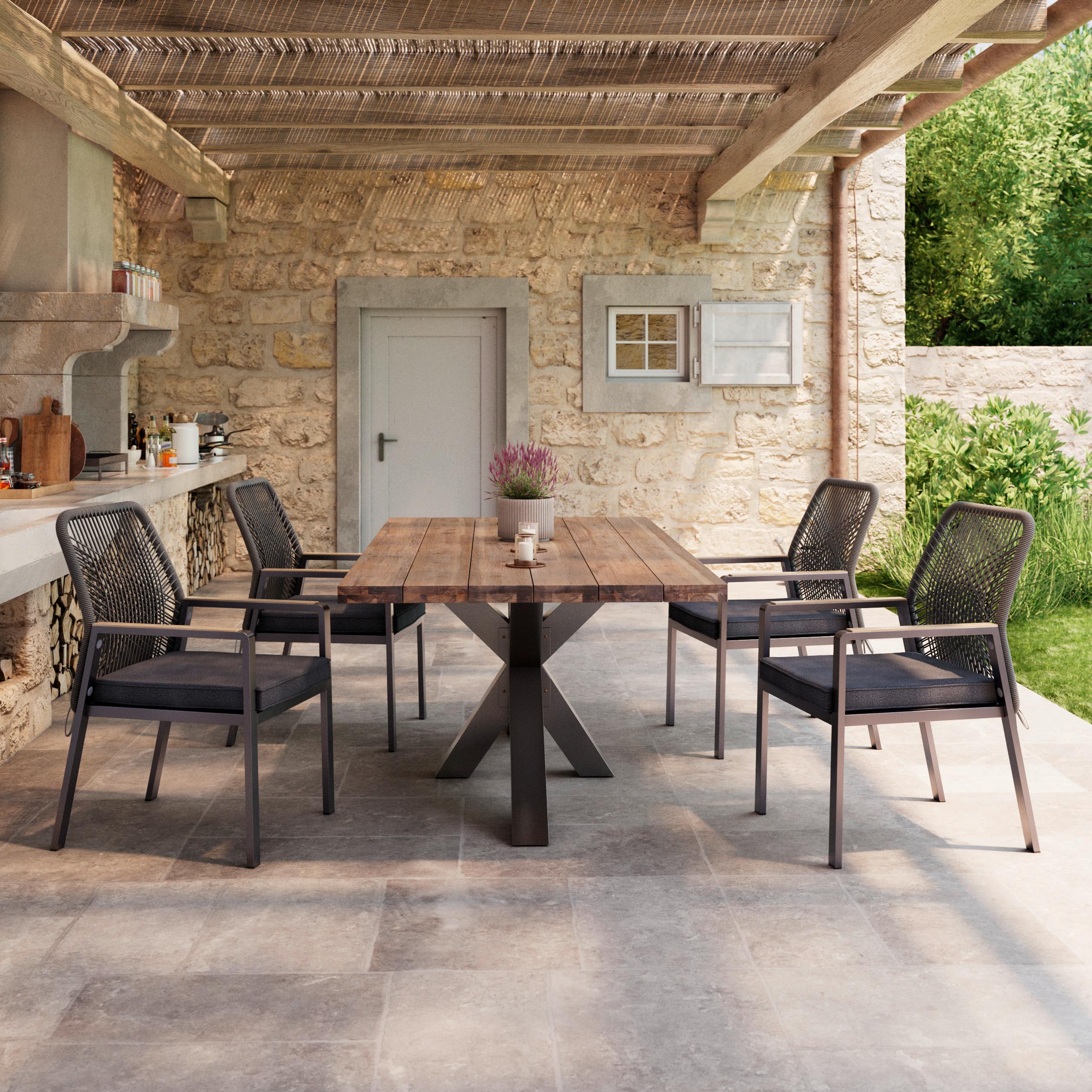 Gartentisch Stockholm Akazienholz L 200cm - Schwarz/Akaziefarben, MODERN, Holz/Metall (200/100/76cm) - Beldano