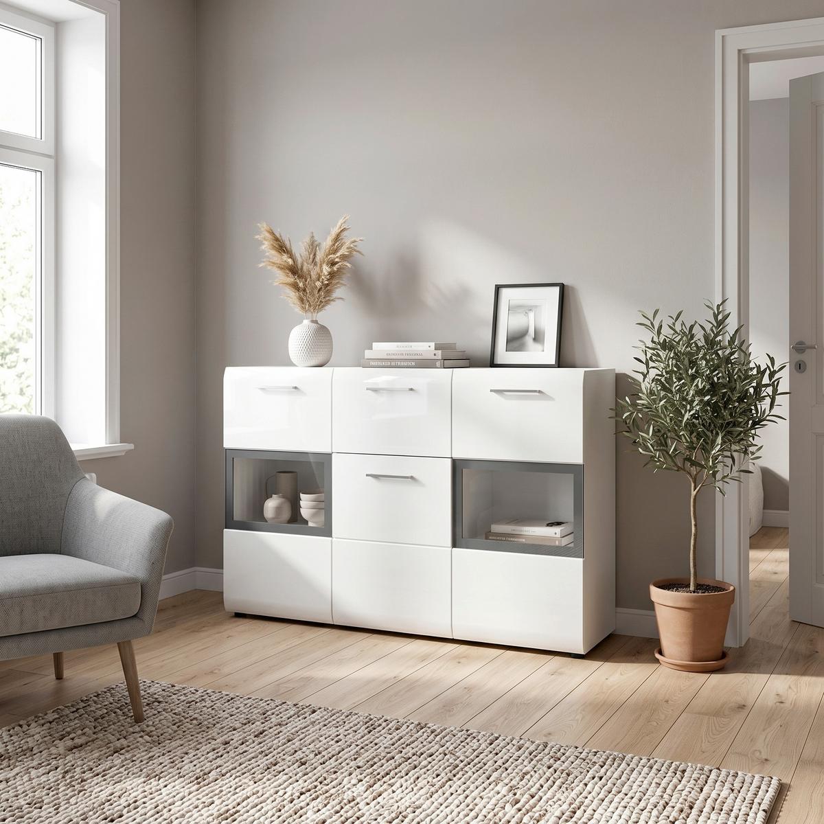 Tálalószekrény Ice - fehér/magasfényű fehér, Design, faalapú anyag (125/81/37cm) - Livetastic