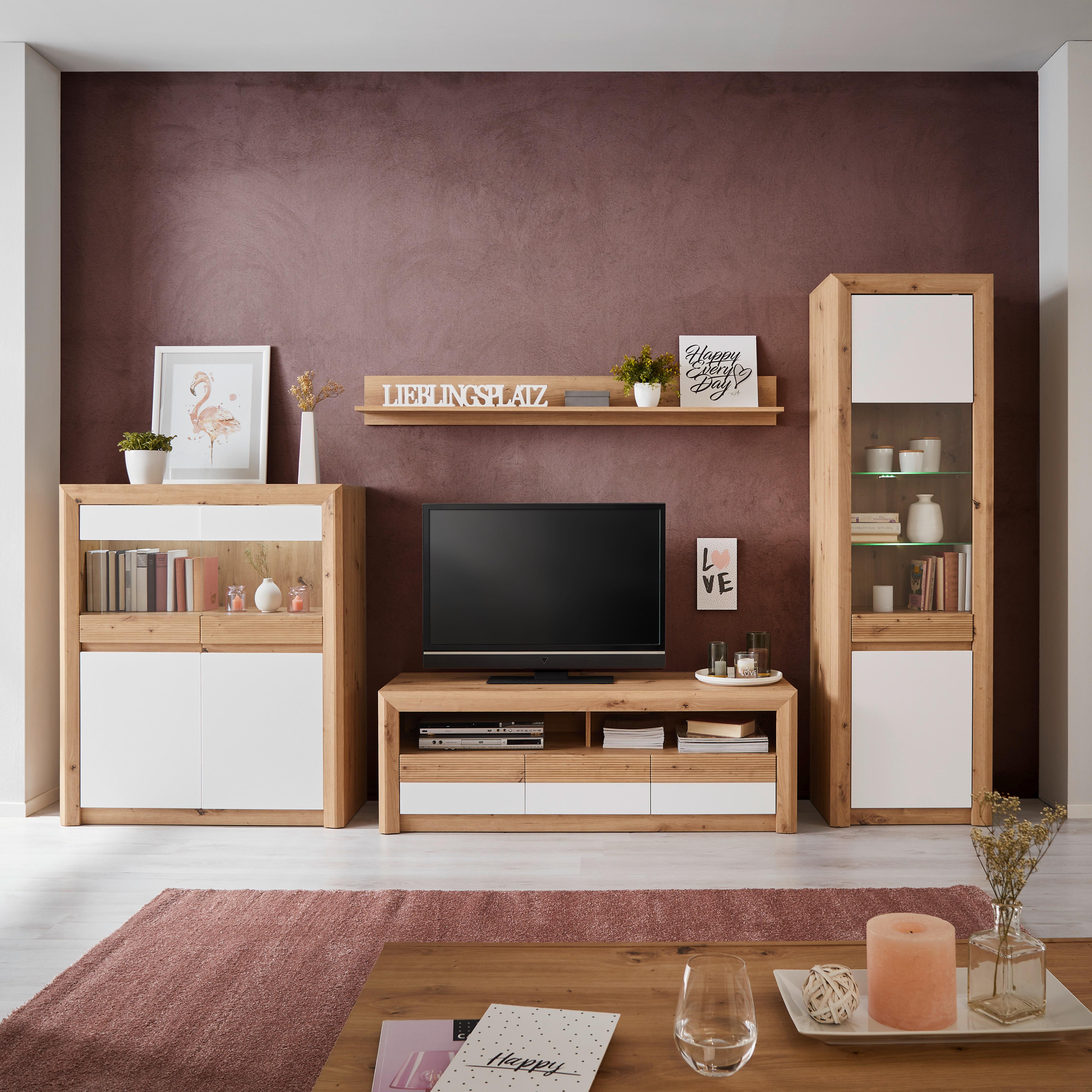 Wohnkombination 4-Tlg. mit Led Kashmir New, Eiche Dekor/Weiß - Eichefarben/Weiß, MODERN, Holzwerkstoff (299/192/49cm) - James Wood
