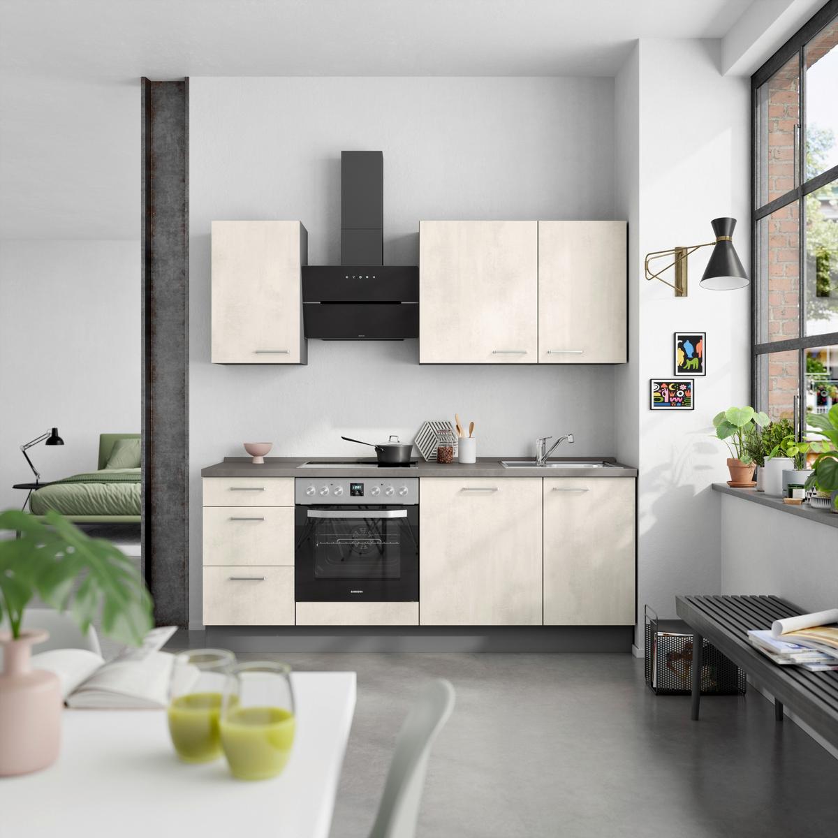 Kuchynská linka 210CM biely betón/ bridlicová šedá - biela/farba ušľachtilej ocele, Modern, kov/kompozitné drevo (210cm) - Nobilia