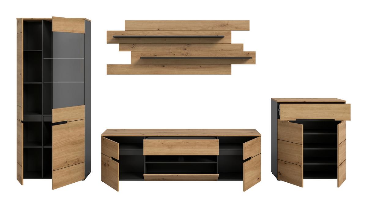 Wohnwand Canu Eiche Artisan Dekor B: 375cm - Schwarz/Eiche Artisan, Design, Holzwerkstoff (375/190/44cm) - Livetastic