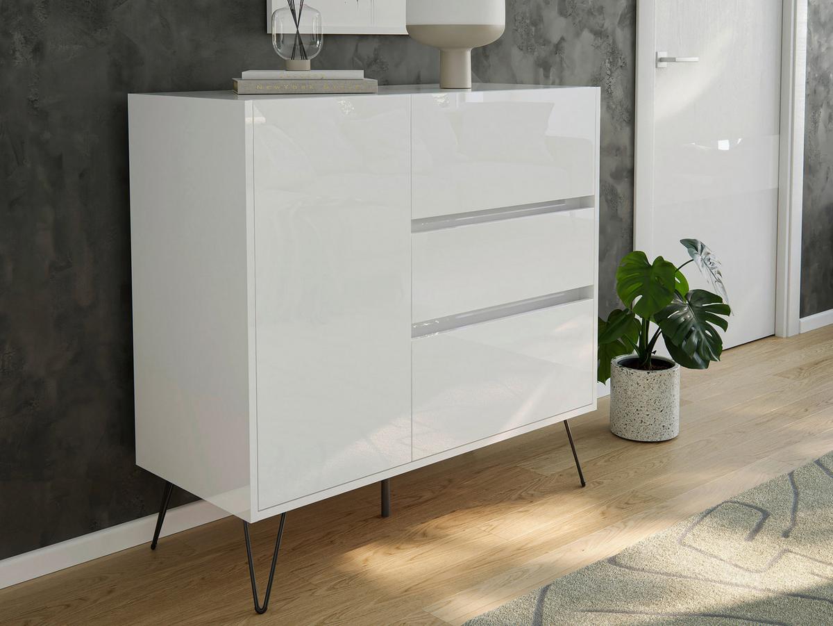 Sideboard Posseik Industrial Weiß B: 99 cm - Weiß Hochglanz/Schwarz, Design, Holzwerkstoff (99/93,6/42cm) - MID.YOU