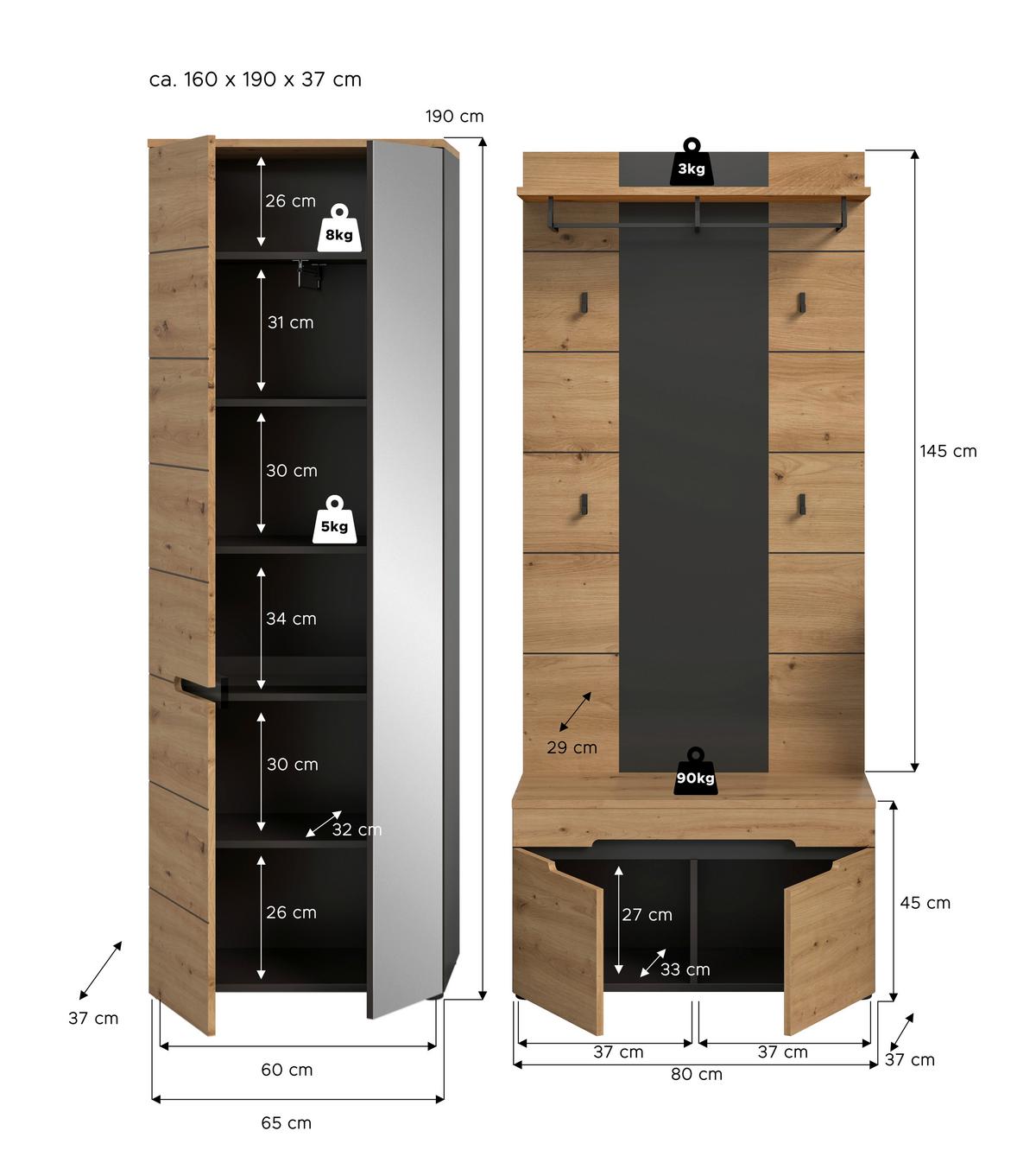 Garderobe Canu 3-Teilig Eiche Artisan/Grau B: 160 cm - Eiche Artisan, Design, Holzwerkstoff (160/190/37cm) - Livetastic