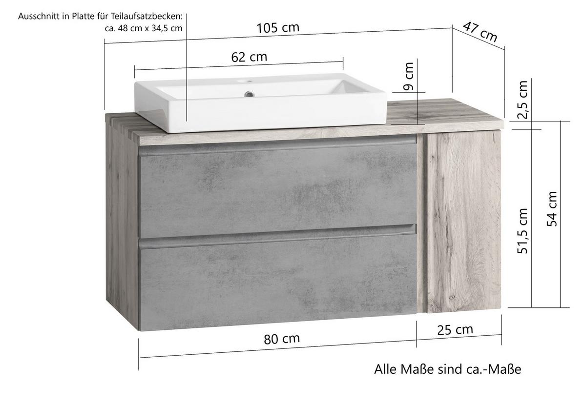 Waschbecken mit Unterschrank Varese B: 105 cm Grau - Eiche Wotan/Weiß, MODERN, Keramik/Holzwerkstoff (105cm) - Held