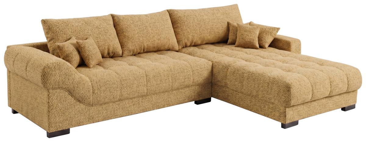 Boxspringecksofa Emil Webstoff senfgelb, S:343x217cm - Senfgelb/Schwarz, ROMANTIK / LANDHAUS, Holzwerkstoff/Textil (343/217cm)