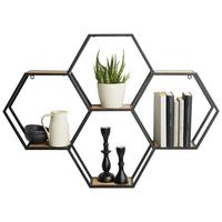 Nástěnný regál černá kov - černá/přírodní barvy, Lifestyle, kov/dřevo (88/63/12cm) - Premium Living