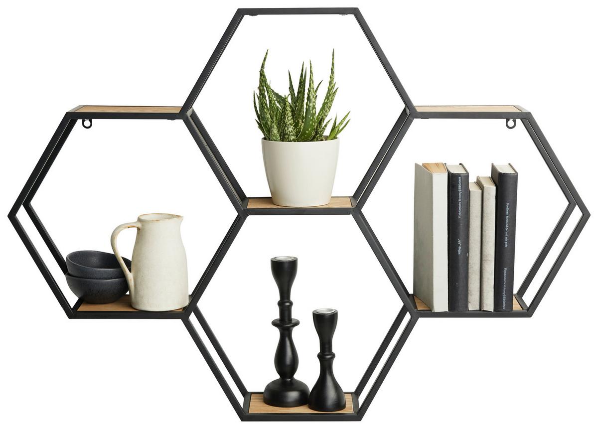 Nástěnný regál černá kov - černá/přírodní barvy, Lifestyle, kov/dřevo (88/63/12cm) - Premium Living