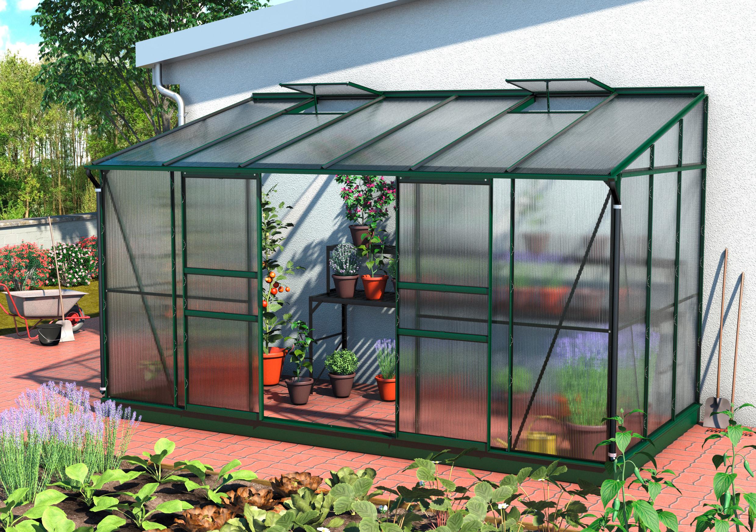Anlehn-Gewächshaus IDA in Smaragdgrün zur Mauerbefestigung