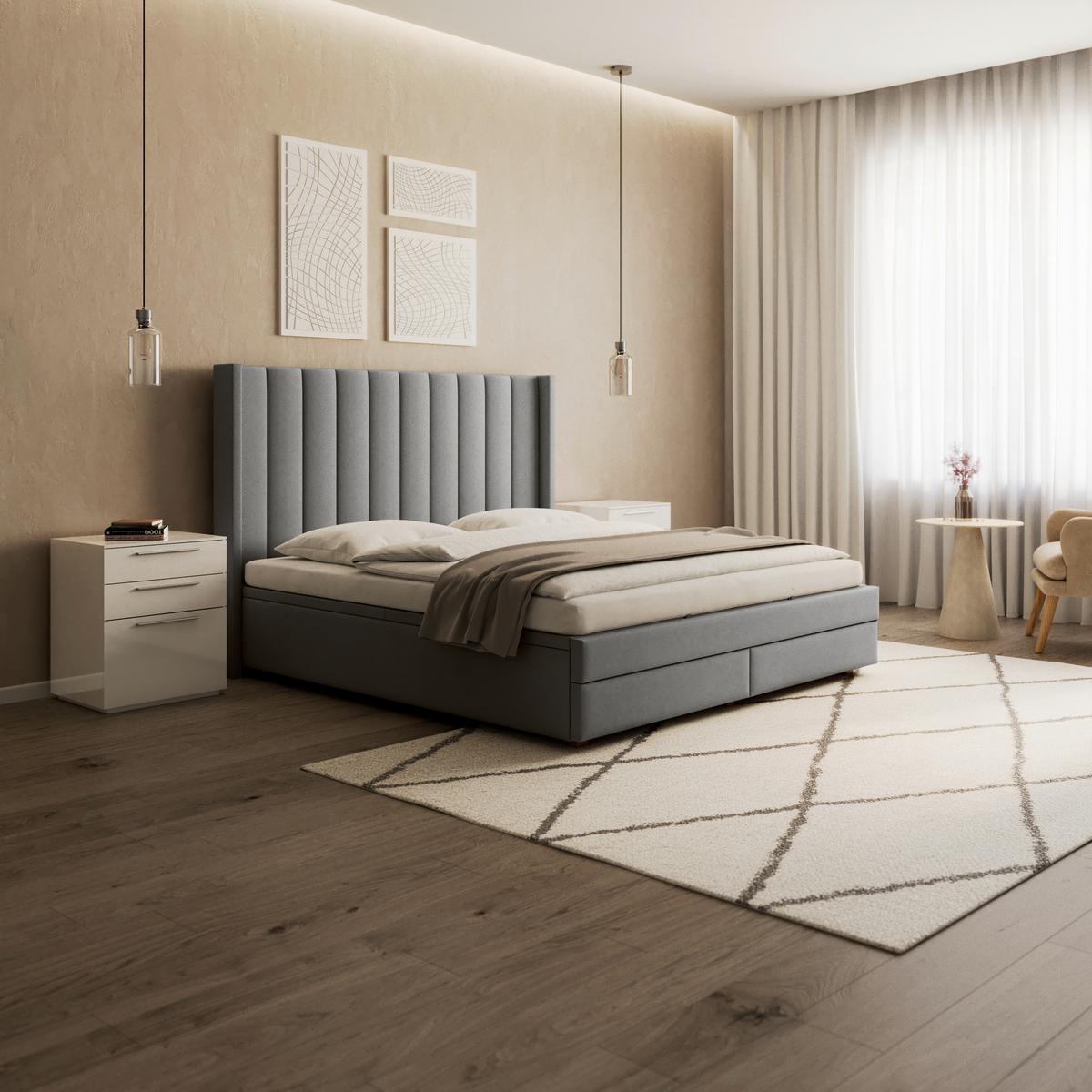 Čalouněná postel MAYA 180x200, šedá - šedá/tmavě hnědá, Moderní, kov/dřevo (180/200cm) - Bessagi Home