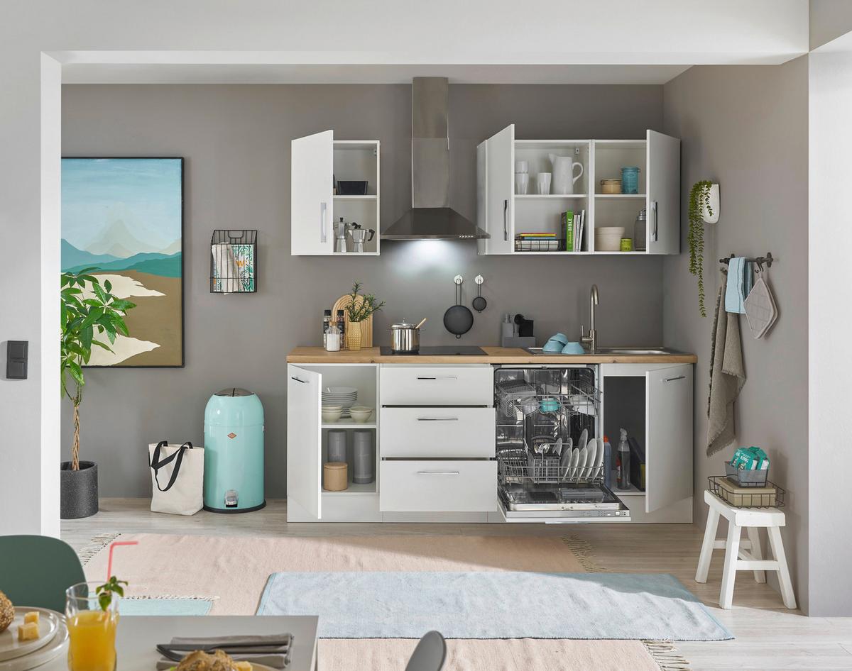 Kuchyňský blok Turin 220 cm bílá/ dekor dub Artisan - bílá/černá, Moderní, kov/kompozitní dřevo (220cm)