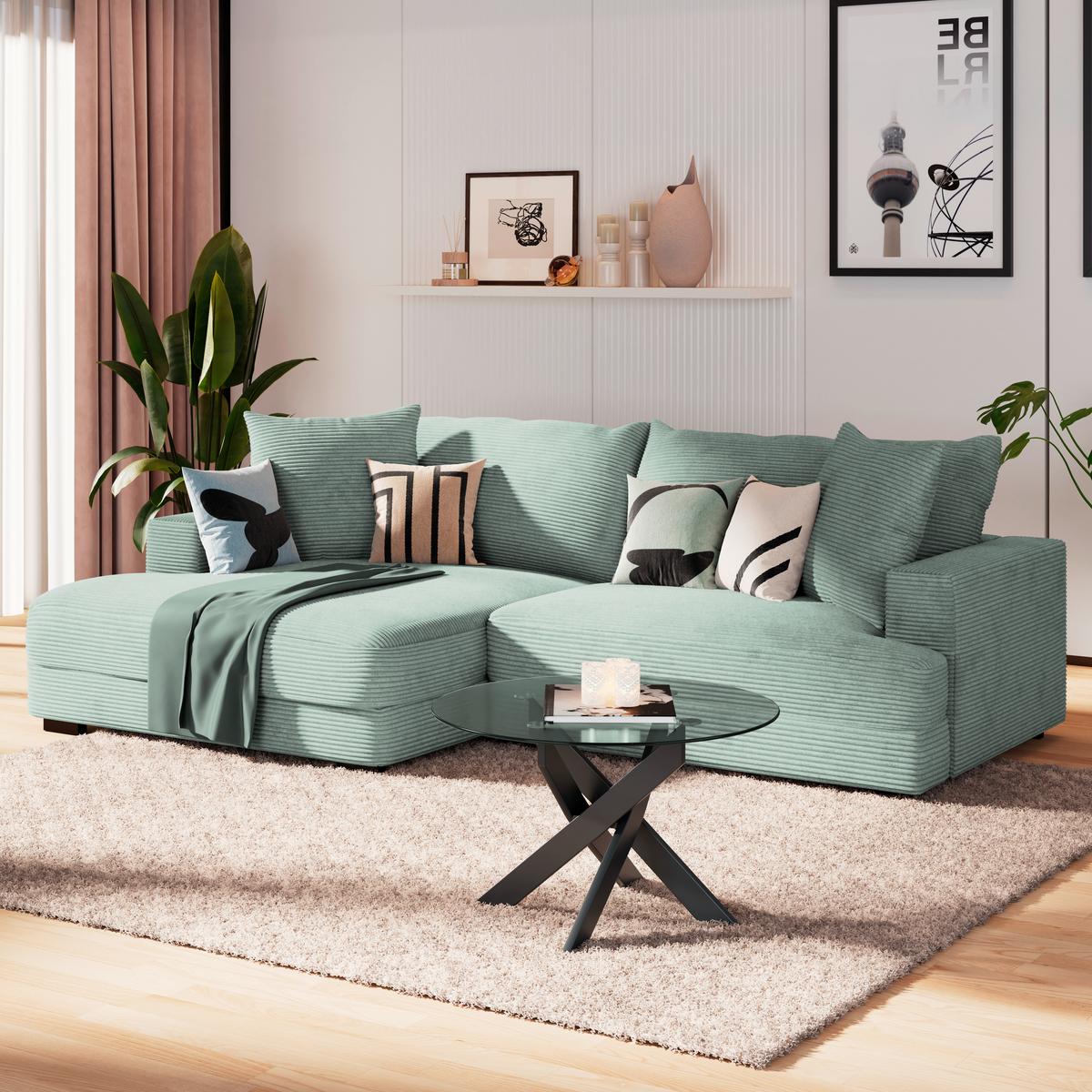Ecksofa Pelle m. Kissen mintgrün Cord 180x265cm - Schwarz/Mintgrün, MODERN, Textil (180/265cm)