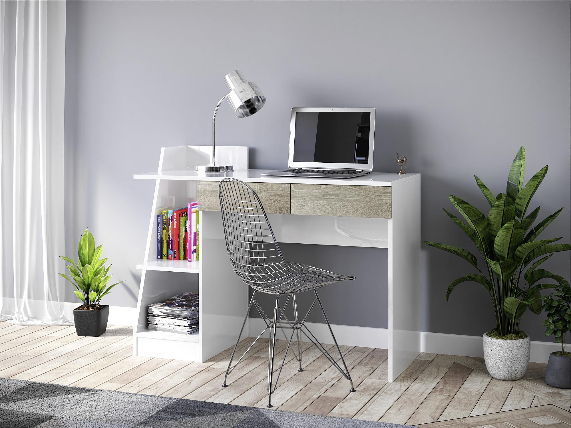 Íróasztal Smart - Tölgyfa/Magasfényű fehér, Basics, Faalapú anyag (110/85/50cm)