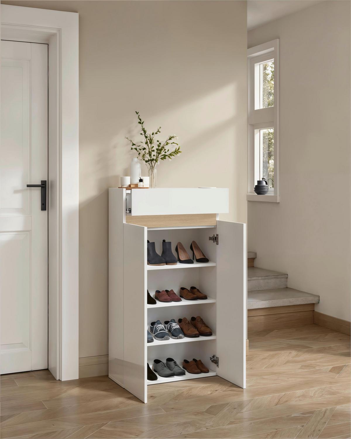 Schuhschrank Rainbow Eichefarben/weiß Hg B: 63 Cm - Eichefarben/Weiß Hochglanz, Design, Holzwerkstoff (63/114/35cm) - MID.YOU