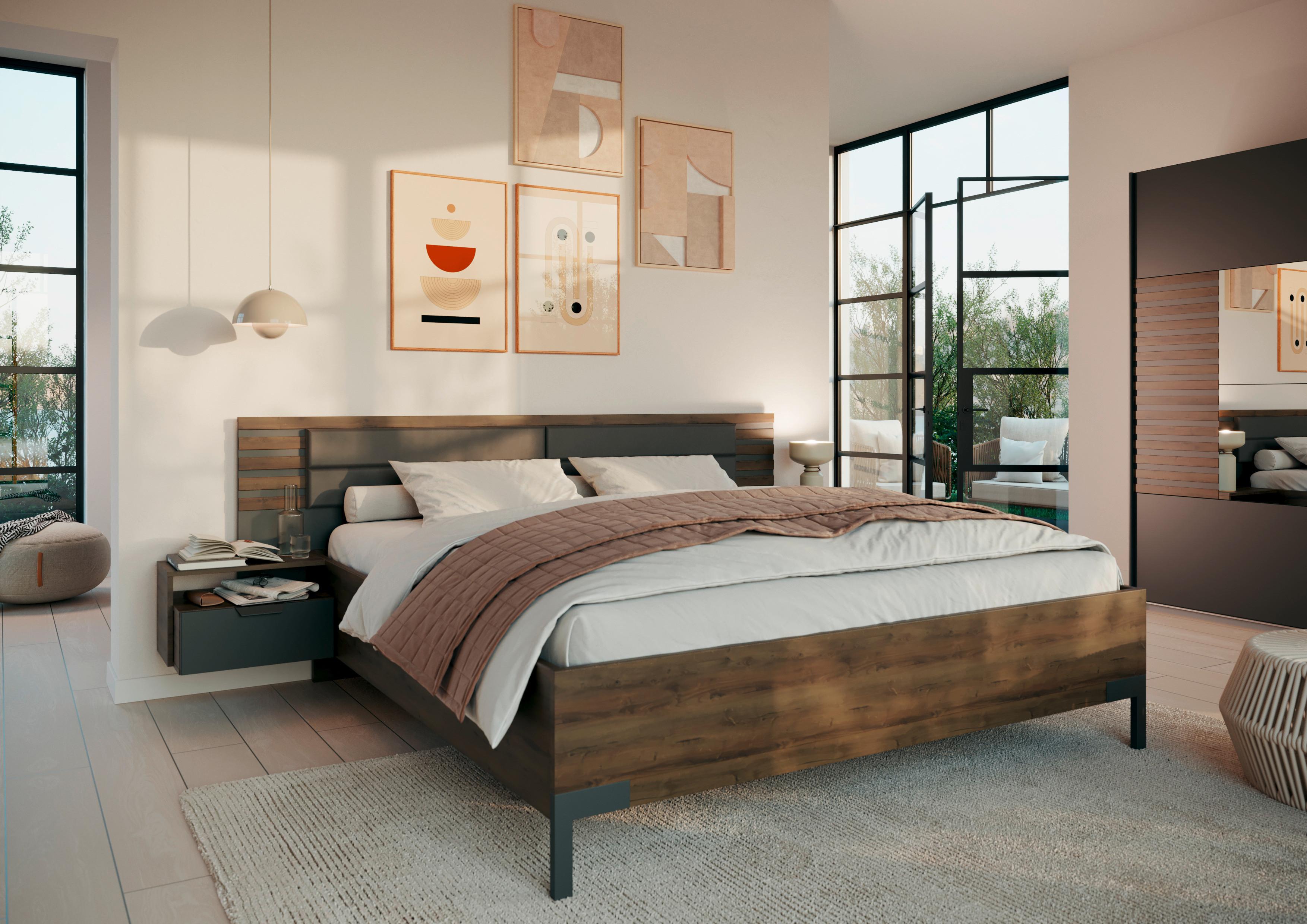 Bettanlage Barea Dunkelgrau Eiche Dekor - Eiche dunkel/Dunkelgrau, MODERN, Holzwerkstoff/Textil (180/200cm) - Rauch Möbel