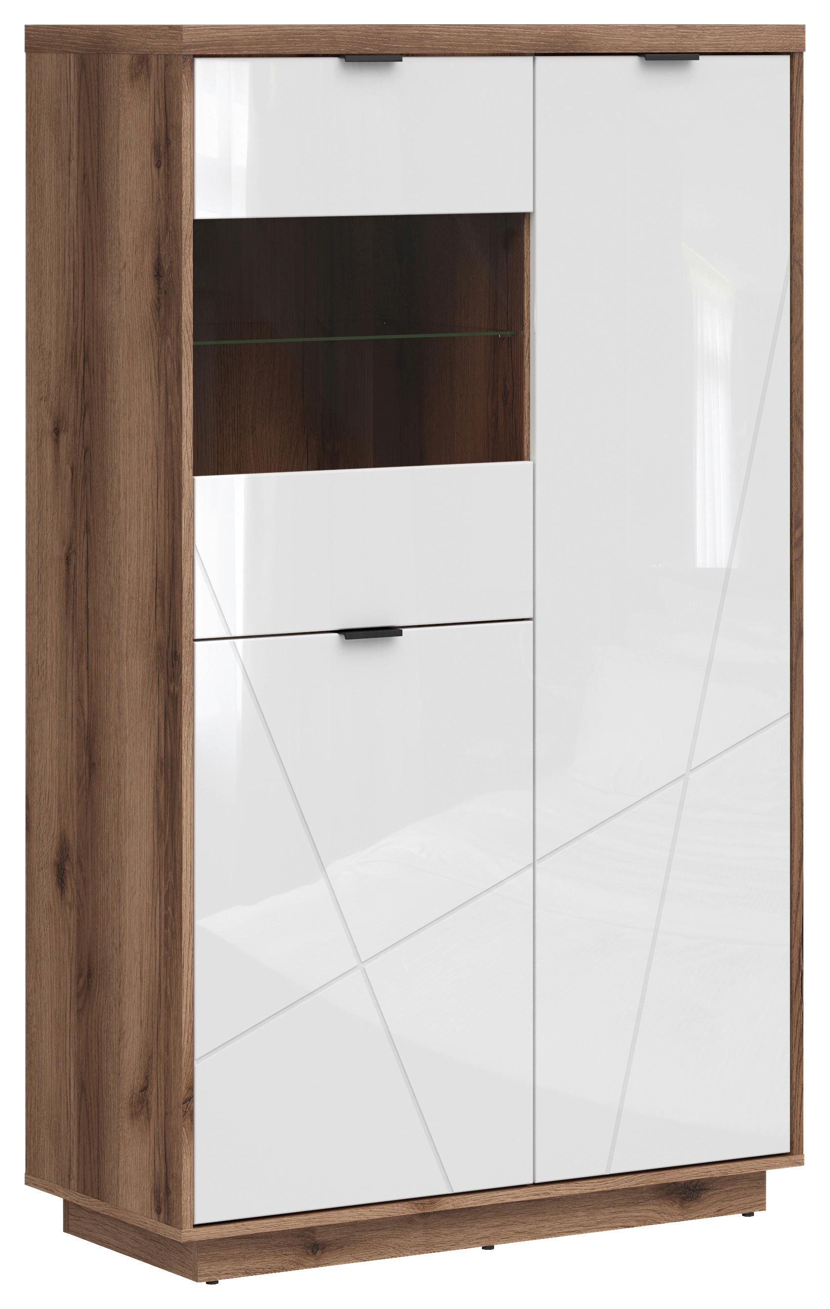 Vitrine Forn Glass-Door Cabinet - Weiß Hochglanz/Eichefarben, Design, Glas/Holzwerkstoff (94/157/42,5cm)