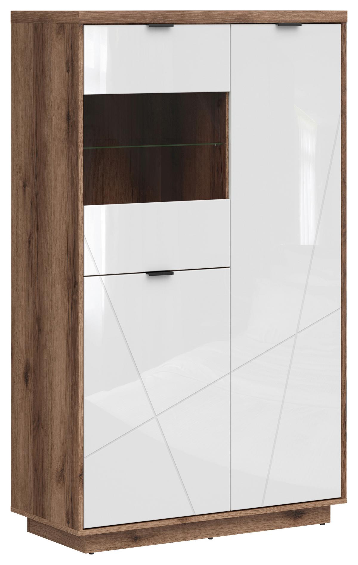 Vitrine Forn Glass-Door Cabinet - Weiß Hochglanz/Eichefarben, Design, Glas/Holzwerkstoff (94/157/42,5cm)