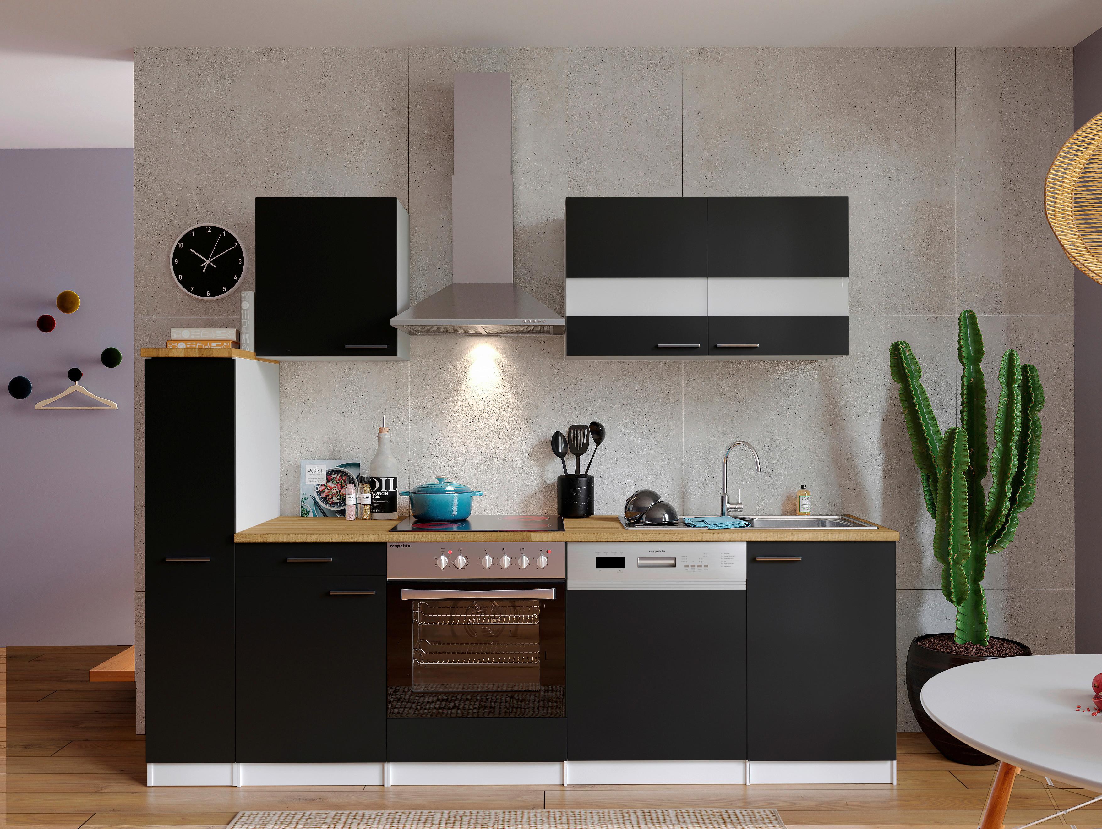Küchenzeile Economy m. Geräten 250 cm Schwarz/Nussbaum Dekor