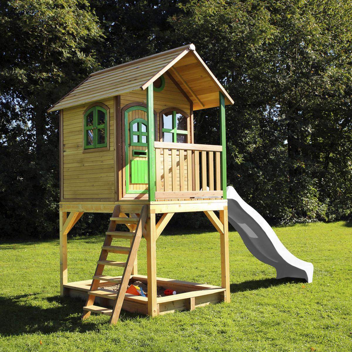 Spielhaus Sarah Braun/grün/weiß B: 370 Cm - Weiß/Braun, KONVENTIONELL, Holz (370/291/191cm) - Ambia Garden