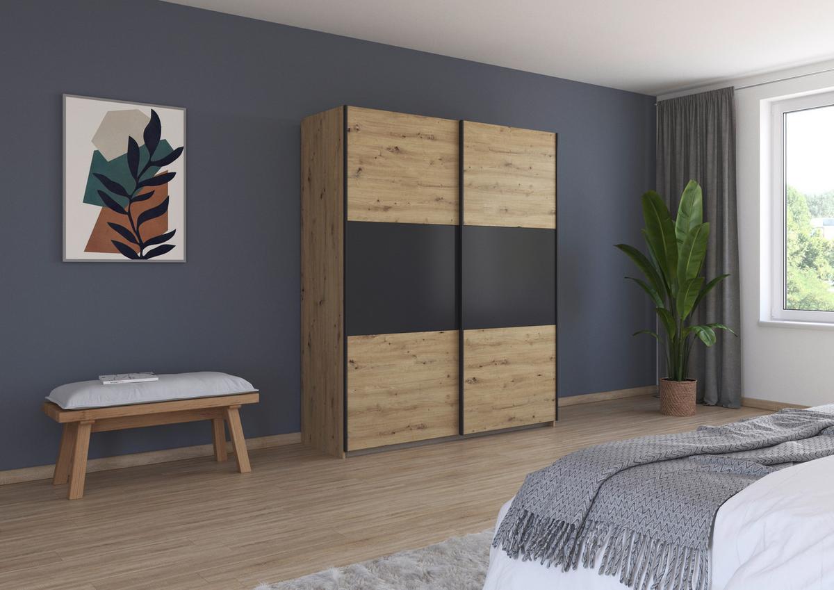 Schwebetürenschrank Neo Grau Eiche Artisan Dekor - Alufarben/Eiche Artisan, MODERN, Holzwerkstoff (175/210/59cm) - Rauch Möbel