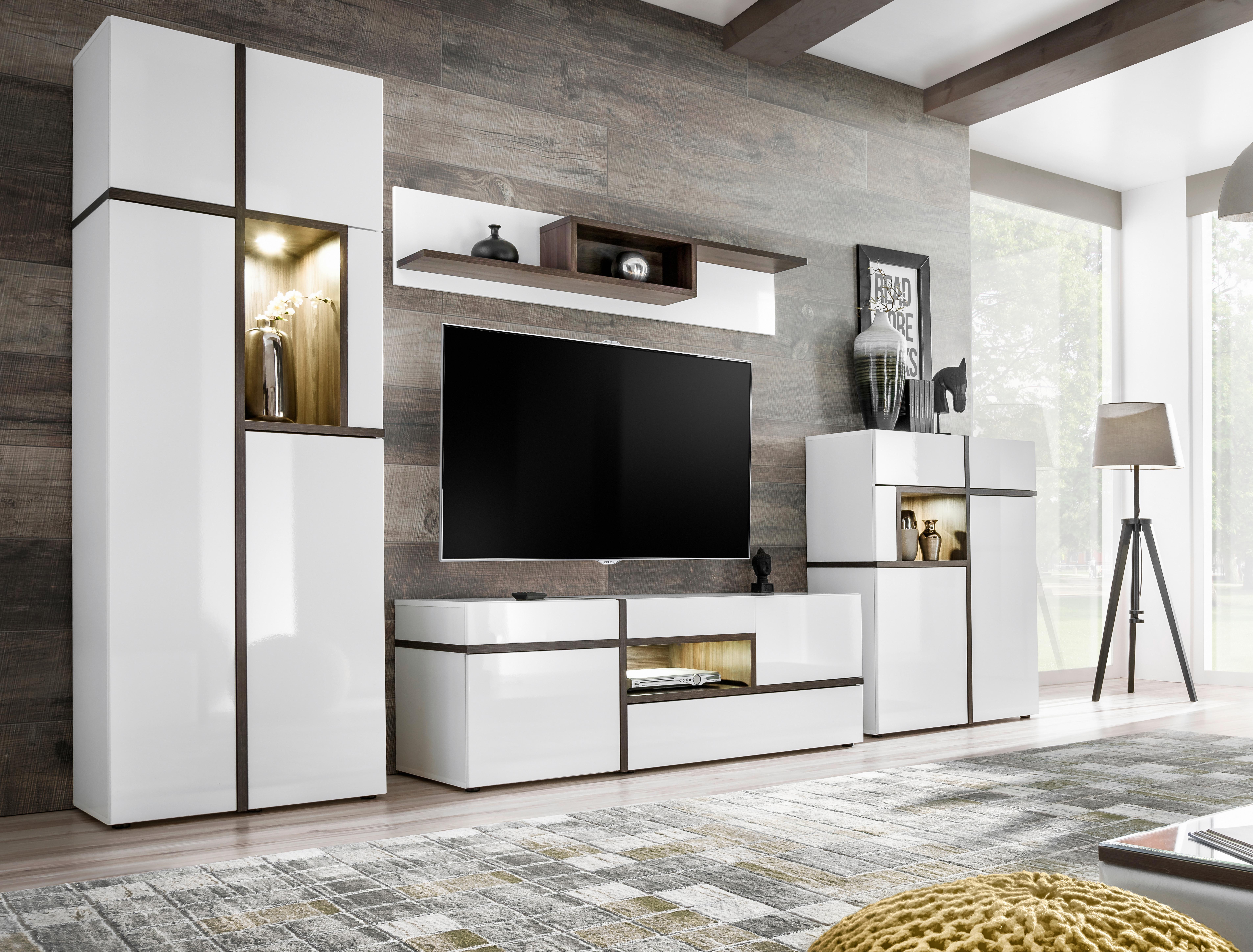 Obývací stěna CROSS, vysoce lesklá bílá - bílá/barvy jilmu, Moderní, kompozitní dřevo/plast (330/195/50cm) - Premium Living