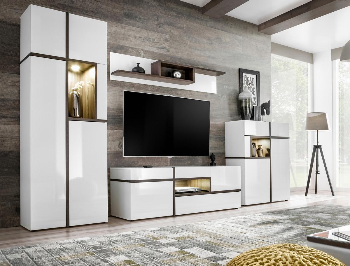 Obývacia stena CROSS, biela s vysokým leskom - čierna/biela, Modern, kompozitné drevo/plast (330/195/50cm) - Premium Living