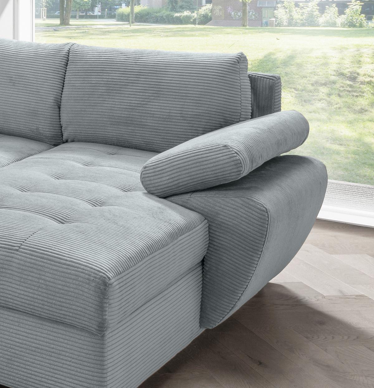 Wohnlandschaft Terana mit Schlaffunktion, Hellblau - Chromfarben/Hellblau, KONVENTIONELL, Textil (219/305/157cm) - Livetastic